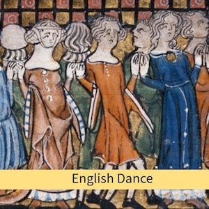 以下が含まれることがあります： 中世の写本の挿絵で、人々が輪になって踊っている様子が描かれている。人々はカラフルな服を着て、手をつないでいる。挿絵は、服や表情のディテールが描かれた、鮮やかなスタイルで描かれている。