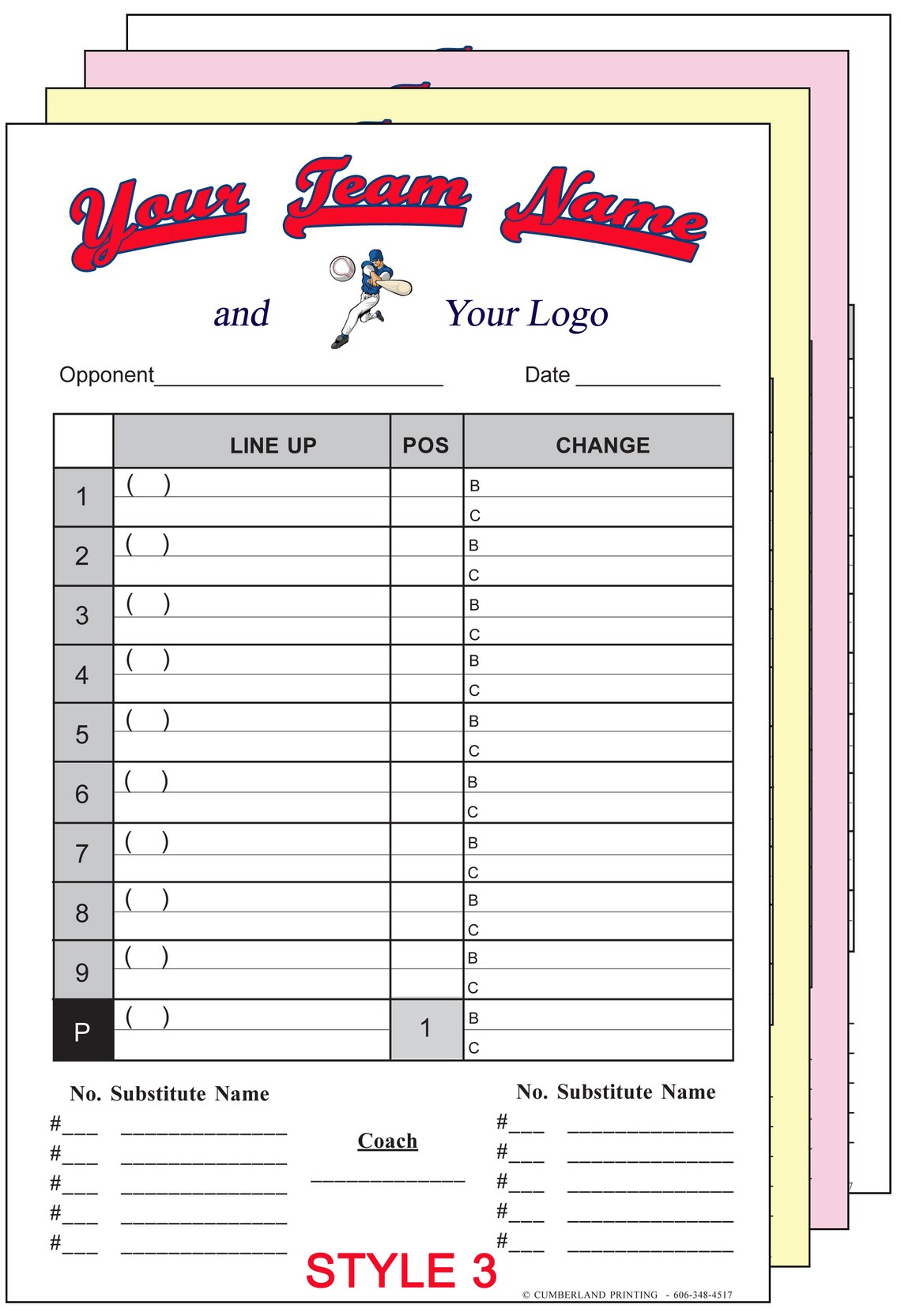 Baseball Softball Lineup Cards W/team Roster names Customized 4 Part