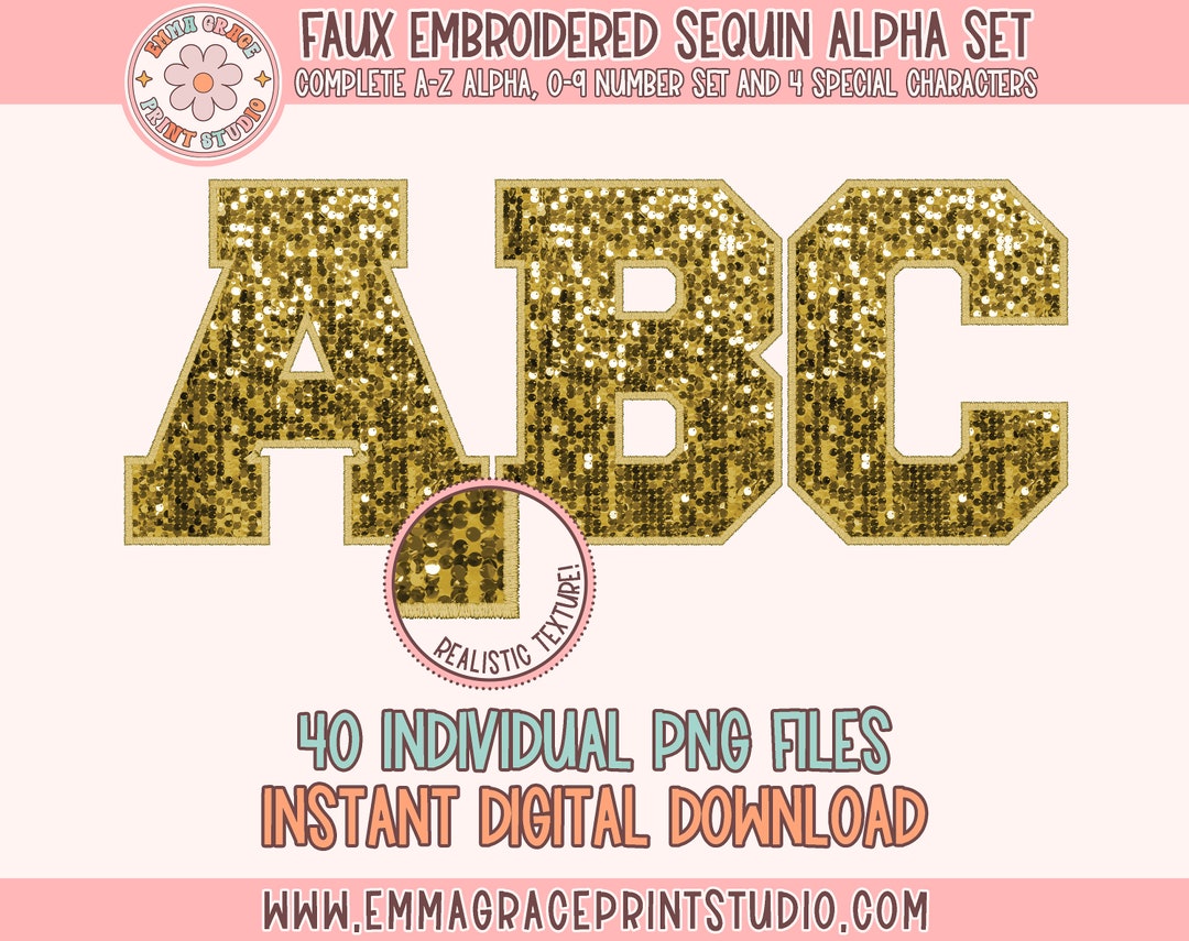Faux Embroidered Sequin PNG Alphabet Set, Gold Sequin Varsity Letters ...