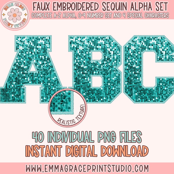 Faux Embroidered Sequin PNG Alphabet Set, Teal Sequin Varsity Letters, Teal Sequin, Stitched Alpha, Sequin PNG, Instant Digital Download