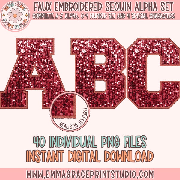 Faux Embroidered Sequin PNG Alphabet Set, Red Sequin Varsity Letters, Red Sequin Stitched Alpha, Sequin PNG, Instant Digital Download