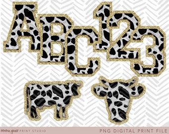 Cow Print & Gold Faux Chenille Patch Alpha Pack, PNG Files for Sublimation Or Print, Athletic Alphabet Letters and Numbers, Digital Files