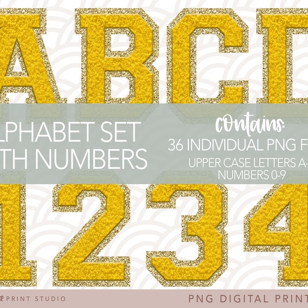 Gold and Gold Trim Faux Chenille Patch Alpha Pack, PNG Files for Sublimation Or Print, Athletic Alphabet Letters and Numbers, Digital Files