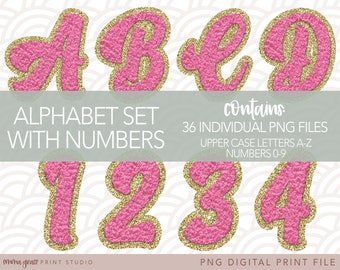 Hot Pink and Gold Cursive Faux Chenille Patch Alpha Pack, PNG Files for Sublimation Or Print, Alphabet Letters and Numbers, Digital Files