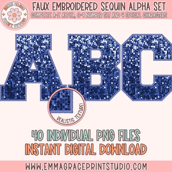 Faux Embroidered Sequin PNG Alphabet Set, Navy Blue Sequin Varsity Letters, Blue Sequin Stitched Alpha, Sequin PNG, Instant Digital Download