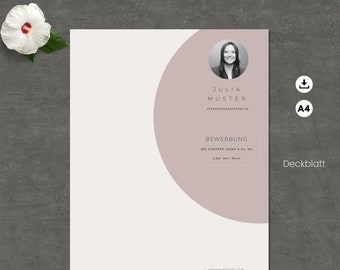 May include: A pink and white cover letter template with a circle in the corner. The circle contains a photo of a woman and the text "JULIA MUSTER STEUERFACHANCESTELLTE". The text "BEWERBUNG BEI CONTRAP GmbH & Co. KG 3.Hd. Herr Ross" is in a box at the bottom of the circle. The text "Deckblatt" is in the bottom right corner. The text "Farbe: Rose" is in the bottom left corner.