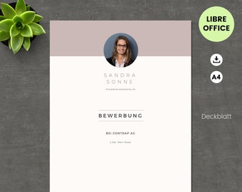Könnte beinhalten: Eine rosa-weiße Anschreibenvorlage für eine Bewerbung. Die Vorlage enthält ein Foto einer Frau, den Text "Sandra Sonne Steuerfachangestellte", "Bewerbung", "Bei Contrap AG", "2. Hd. Herr Rossi" und Kontaktinformationen. Die Vorlage ist für die Verwendung mit LibreOffice konzipiert.