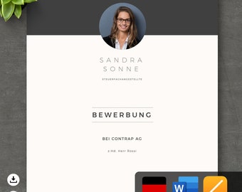 CV template in German, application template for Word and Pages, cover letter, cover letter, letter of motivation, modern dark gray and white
