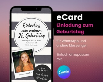 Cyfrowa e-kartka urodzinowa z zaproszeniem | Szablon zaproszenia WhatsApp na płótnie | Personalizowany numer telefonu komórkowego z zaproszeniem 3