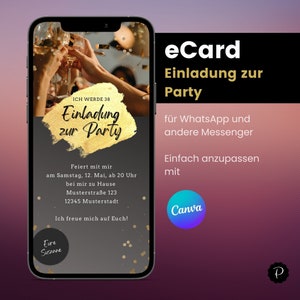 Könnte beinhalten: Eine digitale Einladung in Schwarz und Gold für eine Party. Die Einladung lautet "Ich werde 38" und "Einladung zur Party". Die Einladung enthält Datum, Uhrzeit und Adresse der Party. Die Einladung enthält auch den Text "Feiert mit mir am Samstag, 12. Mai, ab 20 Uhr bei mir zu Hause Musterstraße 123 12345 Musterstadt Ich freue mich auf Euch!" Die Einladung ist so konzipiert, dass sie auf WhatsApp und anderen Messaging-Apps geteilt werden kann.