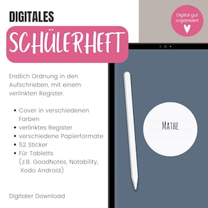 Puede incluir: Planificador digital para estudiantes con fondo azul y un lápiz blanco. El planificador incluye una portada en varios colores, un registro enlazado, diferentes formatos de papel, 52 pegatinas y es compatible con tabletas como GoodNotes, Notability y Xodo Android. El texto "Digital gut organisiert" está en un círculo rosa con un icono de corazón. El texto "MATHE" está en un círculo blanco.