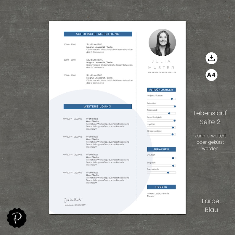May include: A blue and white CV template with a photo of a woman in the top right corner. The CV includes sections for education, work experience, skills, and personal information. The text "Lebenslauf Seite 2" is at the bottom of the page.