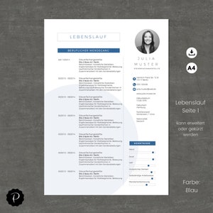 May include: A blue and white CV template with a photo of a woman in a blue blazer. The CV includes a professional summary, work experience, skills, and education. The text "Lebenslauf" is at the top of the page, which is German for "resume".