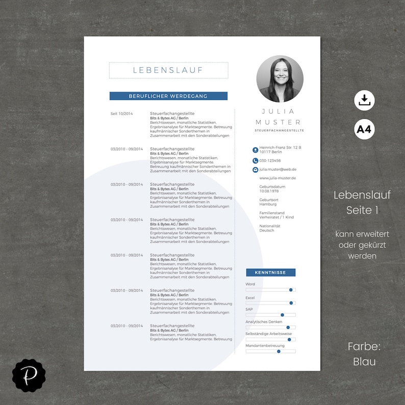 May include: A blue and white CV template with a photo of a woman in a blue blazer. The CV includes a professional summary, work experience, skills, and education. The text "Lebenslauf" is at the top of the page, which is German for "resume".