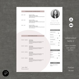 May include: A pink and white resume template with a photo of a woman in the top right corner. The resume includes sections for education, work experience, skills, and personal information. The text "Lebenslauf Seite 2" is at the bottom of the page.