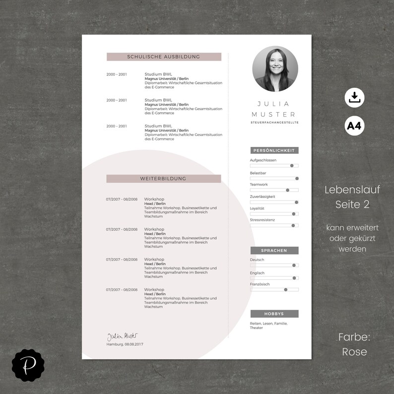 May include: A pink and white resume template with a photo of a woman in the top right corner. The resume includes sections for education, work experience, skills, and personal information. The text "Lebenslauf Seite 2" is at the bottom of the page.