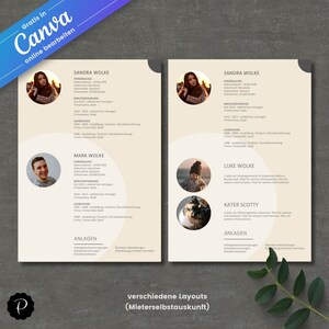 Pu&ograve; includere: Un modello di curriculum vitae beige e grigio con un segnaposto circolare per una foto. Il modello include sezioni per informazioni personali, esperienza lavorativa, istruzione e competenze. Il testo "Gratis in Canva online bearbeiten" &egrave; nella parte superiore della pagina. Il testo "verschiedene Layouts (Mieterselbstauskunft)" &egrave; nella parte inferiore della pagina.