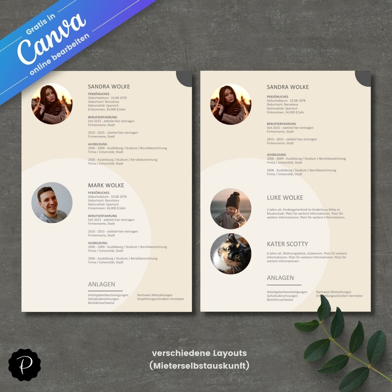 Pu&ograve; includere: Un modello di curriculum vitae beige e grigio con un segnaposto circolare per una foto. Il modello include sezioni per informazioni personali, esperienza lavorativa, istruzione e competenze. Il testo "Gratis in Canva online bearbeiten" &egrave; nella parte superiore della pagina. Il testo "verschiedene Layouts (Mieterselbstauskunft)" &egrave; nella parte inferiore della pagina.