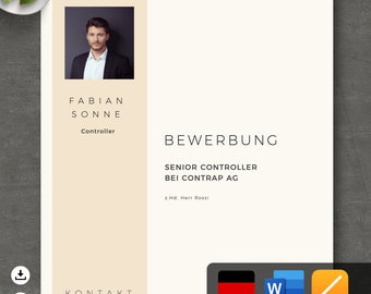May include: A professional resume template with a photo of a man in a suit. The document includes the name "FABIAN SONNE" and the title "Controller." The word "BEWERBUNG" is displayed prominently, along with contact information and software icons.