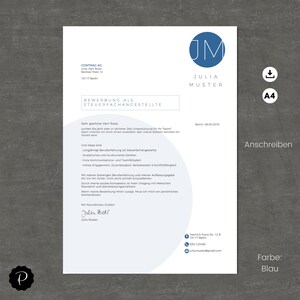 May include: A blue and white cover letter template with the text "BEWERBUNG ALS STEUERFACHANGESTELLTE" and "Anschreiben" in German. The letter is addressed to "Herr Rossi" and is dated "Berlin, 08.05.2019".