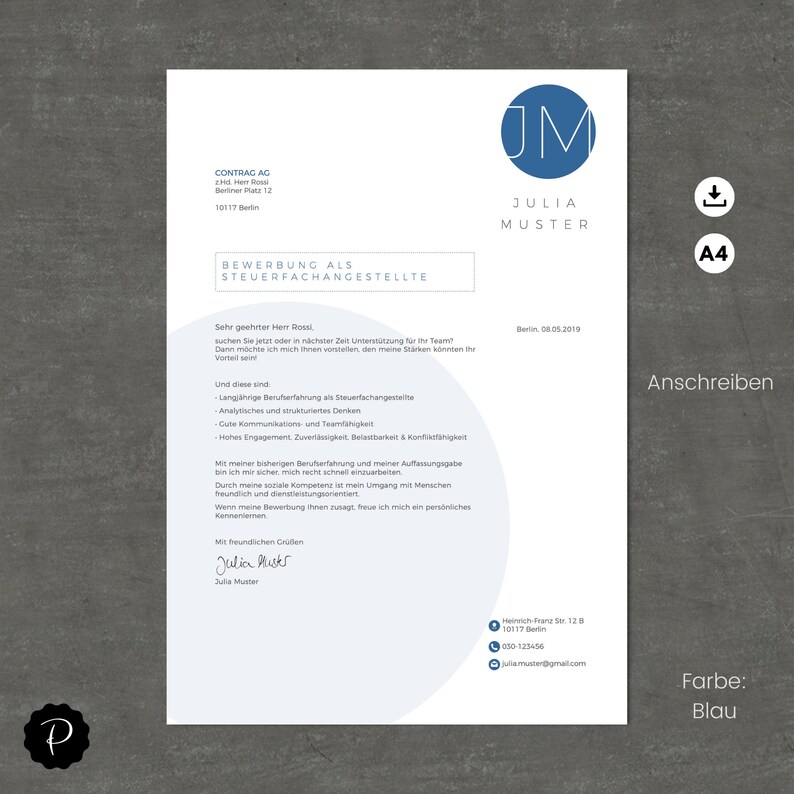 May include: A blue and white cover letter template with the text "BEWERBUNG ALS STEUERFACHANGESTELLTE" and "Anschreiben" in German. The letter is addressed to "Herr Rossi" and is dated "Berlin, 08.05.2019".