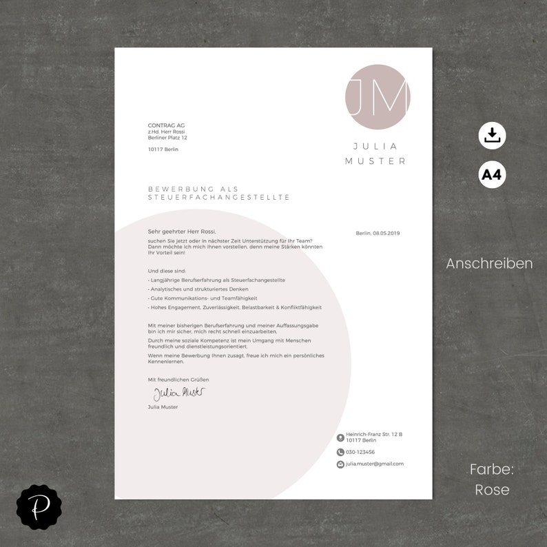 May include: A pink and white cover letter template with the text "BEWERBUNG ALS STEUERFACHANGESTELLTE" and "Anschreiben" in German. The letter is addressed to "Herr Rossi" and includes a signature with the name "Julia Muster".