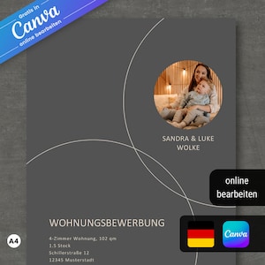 Pu&ograve; includere: Un modello di design grigio e bianco per una domanda di alloggio. Il modello include una foto di una donna e un bambino, il testo "SANDRA & LUKE WOLKE" e il testo "WOHNUNGSBEWERBUNG". Il modello include anche il testo "4-Zimmer Wohnung, 102 qm", "1.5 Stock", "Schillerstra&szlig;e 12" e "12345 Musterstadt".