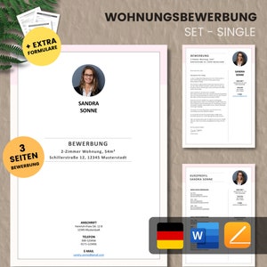 Könnte beinhalten: Eine rosa-weiße Vorlage für eine 3-seitige Wohnungsbewerbung. Die Vorlage enthält ein Foto einer Frau, einen Bereich für persönliche Daten, einen Bereich für ein Anschreiben und einen Bereich für einen Lebenslauf. Die Vorlage enthält auch einen Bereich für Kontaktinformationen, einen Bereich für Referenzen und einen Bereich für eine Selbstauskunft. Die Vorlage ist für die Verwendung mit Microsoft Word konzipiert.