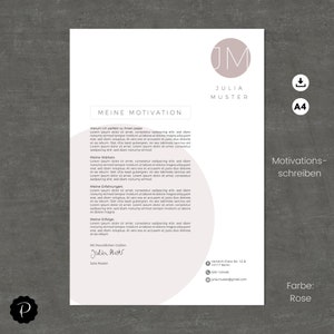 May include: A white and pink letterhead template with the text "MEINE MOTIVATION" in black. The letterhead includes a circle with the initials "JM" in white and the text "JULIA MUSTER" in black. The letterhead also includes a download icon and the text "A4".