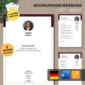 May include: A three-page apartment application template in German. The template includes a cover letter, a resume, and a reference sheet. The template is designed to be used by individuals applying for an apartment in Germany.