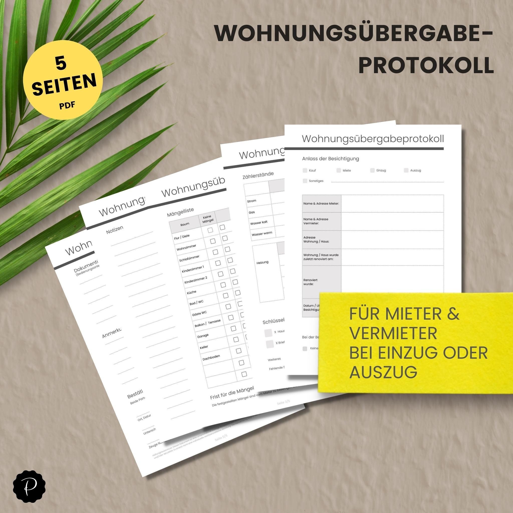 PDF document apartment handover protocol - for tenants & landlords to move in or out - German