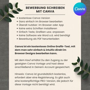Pu&ograve; includere: Una grafica verde e bianca con il testo "BEWERBUNG SCHREIBEN MIT CANVA" e un elenco delle funzionalit&agrave; del software Canva. La grafica include anche il logo Canva.