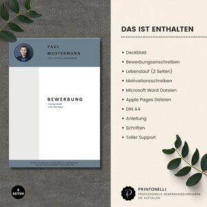 以下が含まれることがあります： 青と白の履歴書テンプレートで、上部に「Paul Mustermann, Dipl. Sozialp&auml;dagoge」と「Bewerbung」のテキストがあります。テンプレートには、カバーレター、履歴書、参考文献のセクションが含まれています。「Das ist enthalten」というテキストは、テンプレートに含まれるものの箇条書きで示されています。