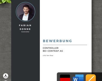 May include: A black and white resume template with a photo of a man in a suit. The template includes the text "FABIAN SONNE Controller" and "BEWERBUNG CONTROLLER BEI CONTRAP AG z.Hd. Herr Rossi".