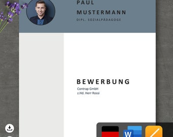 May include: A simple, light gray resume template with a blue header. The header includes a headshot of a man, the name "Paul Mustermann", and the title "Dipl. Sozialpädagoge". The text "Bewerbung" is centered on the page with the text "Contrap GmbH z.Hd. Herr Rossi" below it.