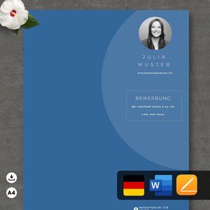 May include: A blue cover page for a job application with a headshot of a woman, the text "JULIA MUSTER STEUERFACHANGESTELLTE BEWERBUNG BEI CONTRAP GmbH & Co. KG z.Hd. Herr Rossi", and a German flag.