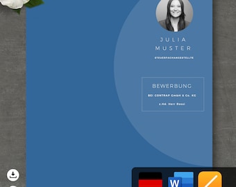 May include: A blue cover page for a job application with a headshot of a woman, the text "JULIA MUSTER STEUERFACHANGESTELLTE BEWERBUNG BEI CONTRAP GmbH & Co. KG z.Hd. Herr Rossi", and a German flag.