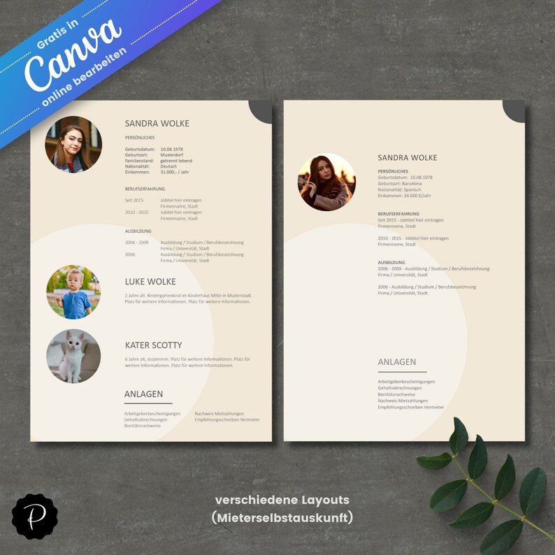 Pu&ograve; includere: Un modello di curriculum vitae beige e marrone con un cerchio sullo sfondo. Il curriculum vitae &egrave; per Sandra Wolke e include informazioni personali, esperienza lavorativa ed istruzione. Il modello include anche una sezione per gli allegati.