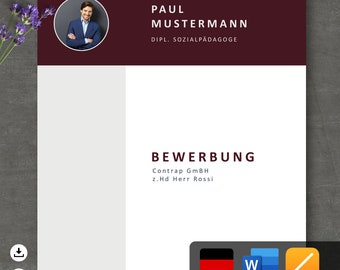 May include: A burgundy and white resume template with a headshot of a man in a suit. The text reads "Paul Mustermann, Dipl. Sozialpädagoge, Bewerbung, Contrap GmbH z.Hd. Herr Rossi".