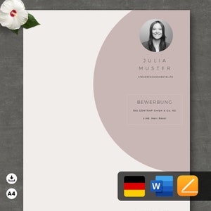May include: A light pink and white resume template with a circle in the top right corner. The circle contains a photo of a woman and the text "JULIA MUSTER STEUERFACHANGESTELLTE". Below the circle is the text "BEWERBUNG BEI CONTRAP GmbH & Co. KG z.Hd. Herr Rossi".