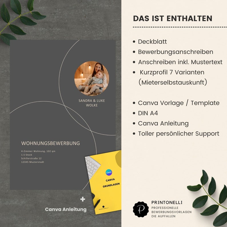 Pu&ograve; includere: Un modello di progettazione grafica grigio e bianco per una domanda di alloggio. Il modello include una foto di una coppia e del loro bambino, una sezione per le informazioni personali e una sezione per i dettagli dell'alloggio. Il testo "Wohnungsbewerbung" &egrave; visibile sul modello. Il modello &egrave; progettato per essere utilizzato con Canva.