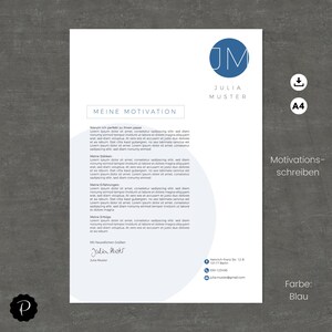 May include: A blue and white resume template with the text "Meine Motivation" and "Motivations-schreiben" in German. The template includes a circle with the initials "JM" and the text "Julia Muster".
