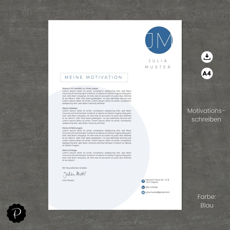 May include: A blue and white resume template with the text "Meine Motivation" and "Motivations-schreiben" in German. The template includes a circle with the initials "JM" and the text "Julia Muster".