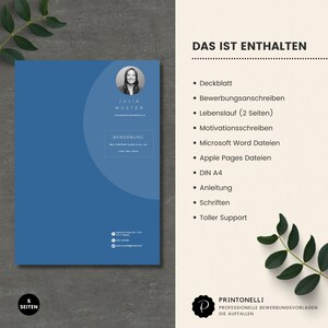 May include: A blue and white template for a job application. The template includes a cover letter, CV, and a motivational letter. The template is designed to be professional and eye-catching. The text on the template reads "DAS IST ENTHALTEN", which translates to "This is included".