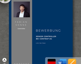 May include: A blue and gray resume template with a headshot of a man, the text "FABIAN SONNE", "Controller", "BEWERBUNG", "SENIOR CONTROLLER", "BEI CONTRAP AG", "z.Hd. Herr Rossi", "KONTAKT", "Heinrich-Franz Str. 12 B", "10117 Berlin", "030-123456", and a German flag.