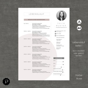 May include: A resume template with a pink circle in the background. The resume is for a tax specialist and includes a photo of the candidate, contact information, work experience, and skills. The text "Lebenslauf" is at the top of the page, which is German for "resume".