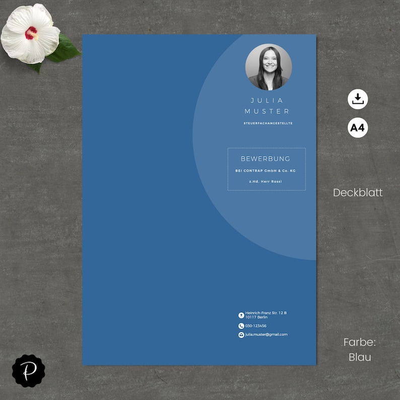 May include: A blue cover sheet for a job application with the text "BEWERBUNG" and "Deckblatt". The applicant's name is Julia Muster, and she is a tax specialist. The contact information for the applicant is listed at the bottom of the page.