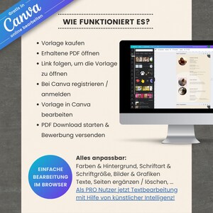 Pu&ograve; includere: Uno screenshot di uno schermo di computer che mostra un modello di design Canva. Il testo sullo schermo recita "Wie funktioniert es?" e elenca i passaggi per utilizzare il modello. Il testo sotto lo schermo recita "Alles anpassbar: Farben & Hintergrund, Schriftart & Schriftgr&ouml;&szlig;e, Bilder & Grafiken Texte, Seiten erg&auml;nzen / l&ouml;schen, ... Als PRO Nutzer jetzt Textbearbeitung mit Hilfe von k&uuml;nstlicher Intelligenz!"