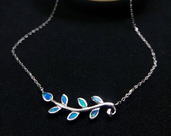 Sterling Silver Opal Leaf Necklace – Greek Style 40cm