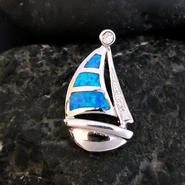 Argent Sterling 925 Opale Bleue Pendentif Bateau Grec 20x13mm, Pendentif Bateau Voile Opale, Bijoux Grecs, Griechischer Opal Anhanger, Grecque